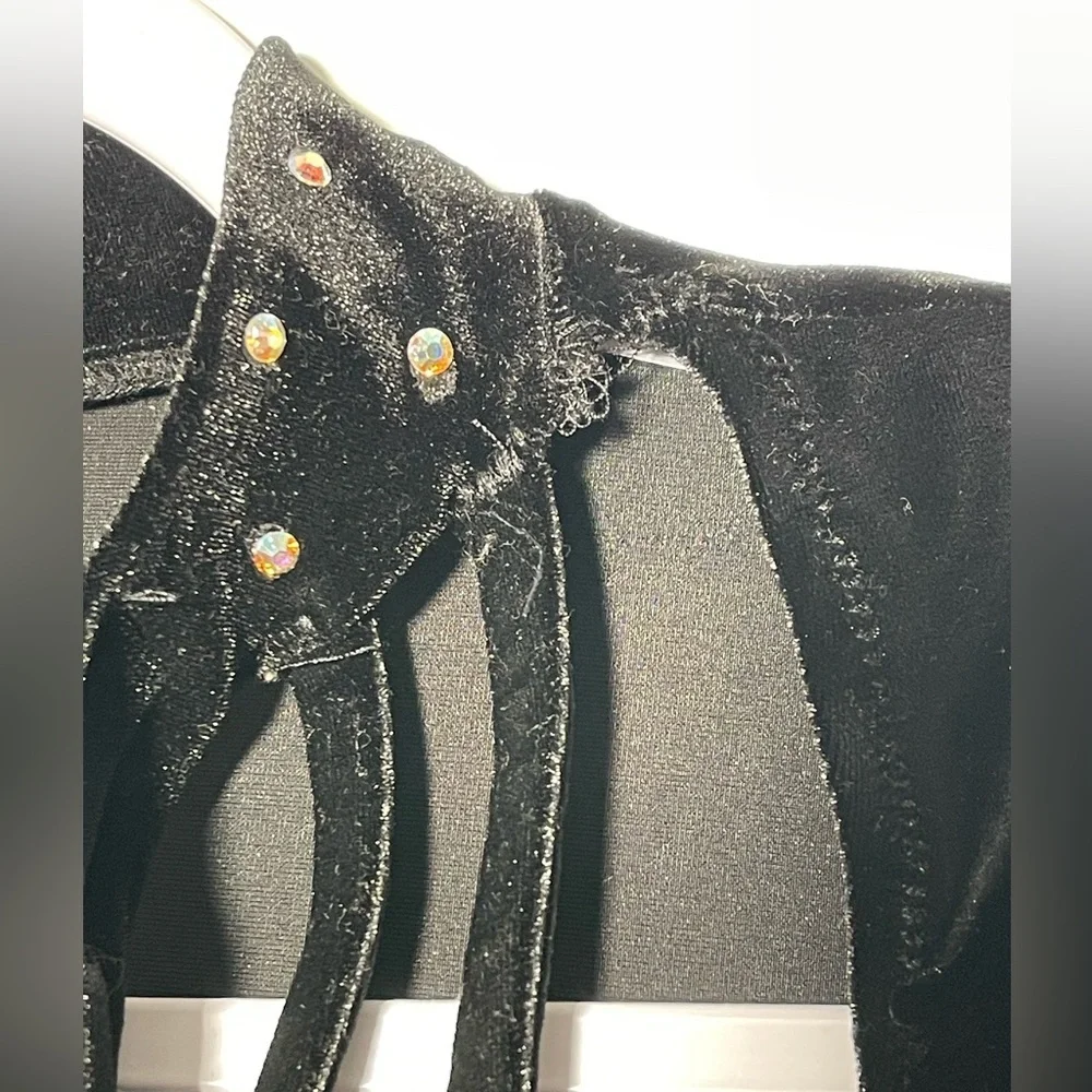 Carol Dupuis Jazz Skin Black Velvet Mesh Sleeve Rhinestone Leotard Bodysuit used